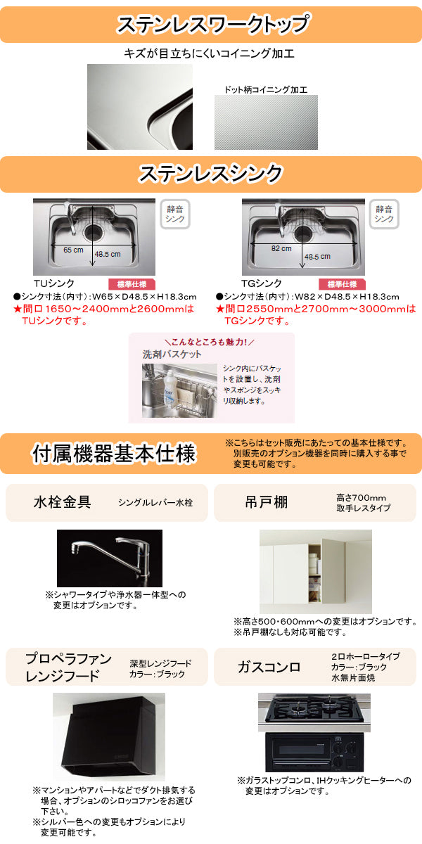 クリナップ システムキッチン ラクエラ I型 ●間口1800mm・TUシンク ●扉カラー：シンシアシリーズ(全6色) ●開き扉プラン ●プロペラファン ●2口ガスコンロセット ●食器洗い乾燥機付き