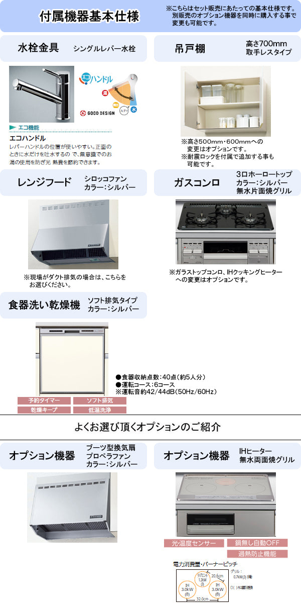 LIXIL リクシル システムキッチン シエラS I型 ●間口1950mm・ラウンド68シンク ●扉カラー全27色 ●開き扉プラン ●シロッコファン ●3口ガスコンロセット ●食器洗い乾燥機付き